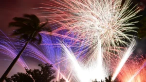 Gerbes bleues et blanches d’un feu d’artifice à La Réunion, palmiers