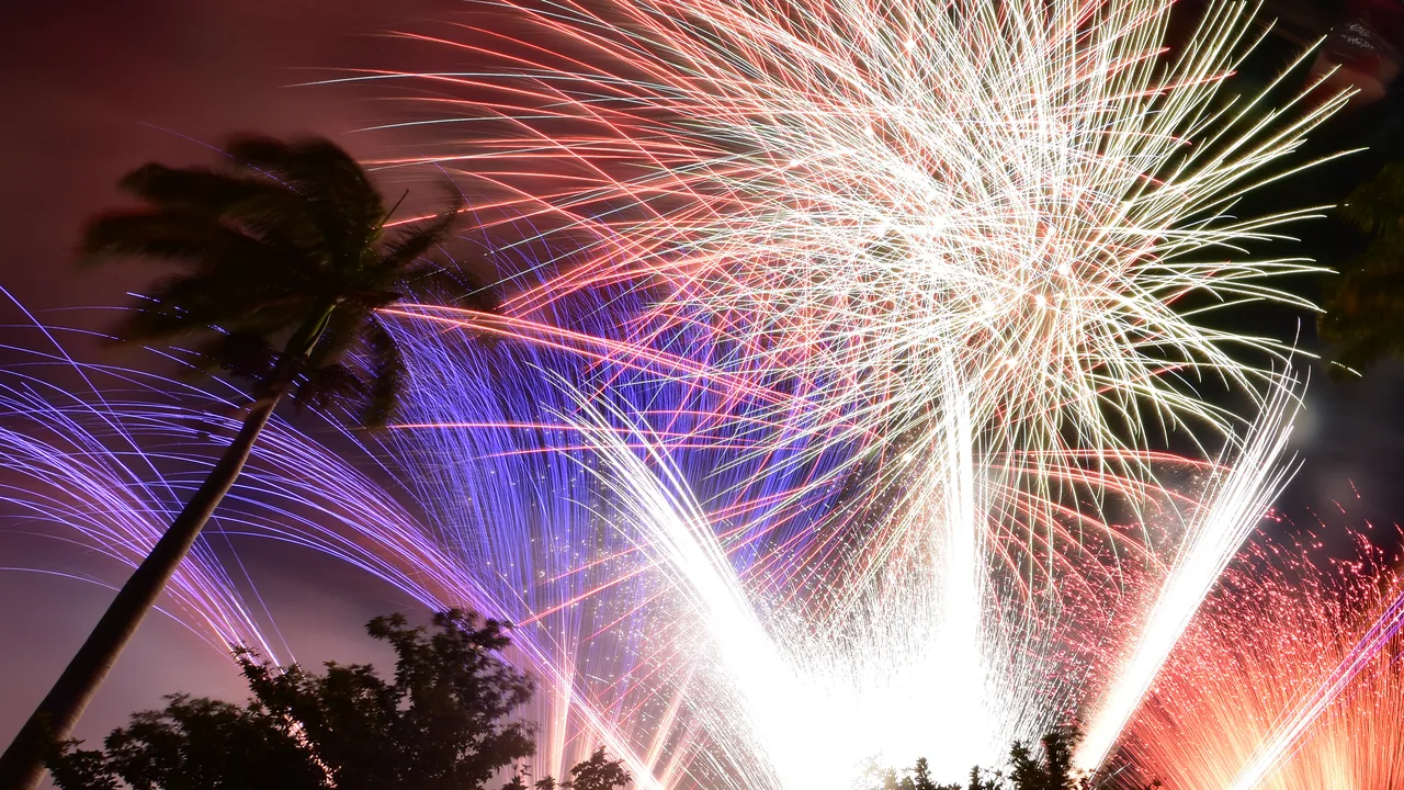 Gerbes bleues et blanches d’un feu d’artifice à La Réunion, palmiers